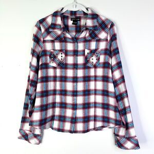 Crown Of Hearts Top Women L Blue Pink Plaid Flannel Shirt Cotton Cottage Studded